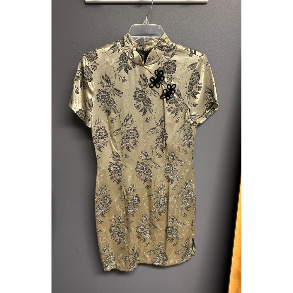 Vintage Molly Malloy Oriental Dress Womens Sz 8 Japanese Kimono Gold Black Embos